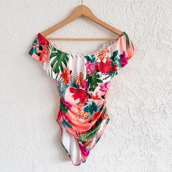 La Blanca Blue & Green Floral Tropea Off-Shoulder One-Piece Swimsuit - Picture 1 of 7